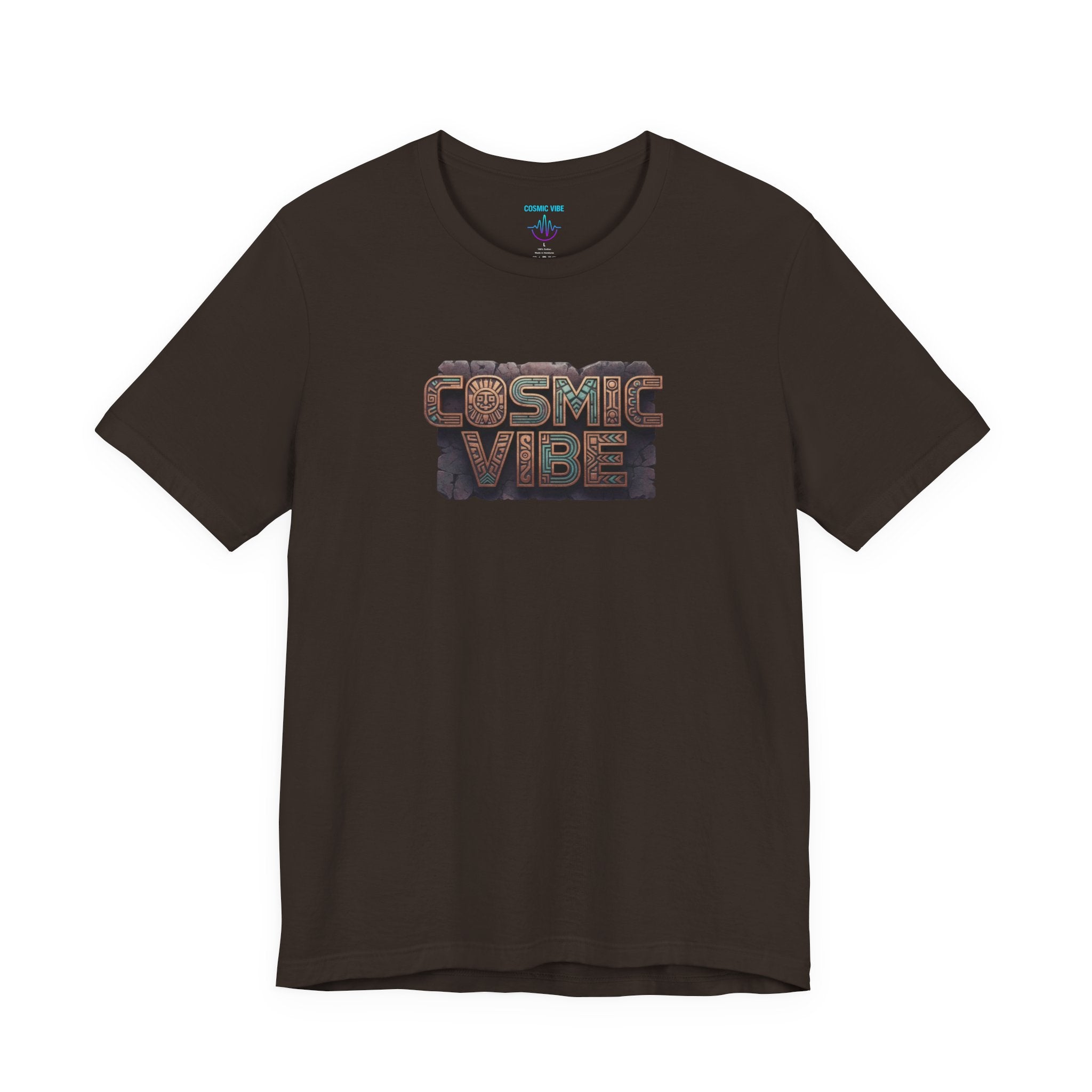 Black t-shirt with 'Cosmic Vibe' text on a white background