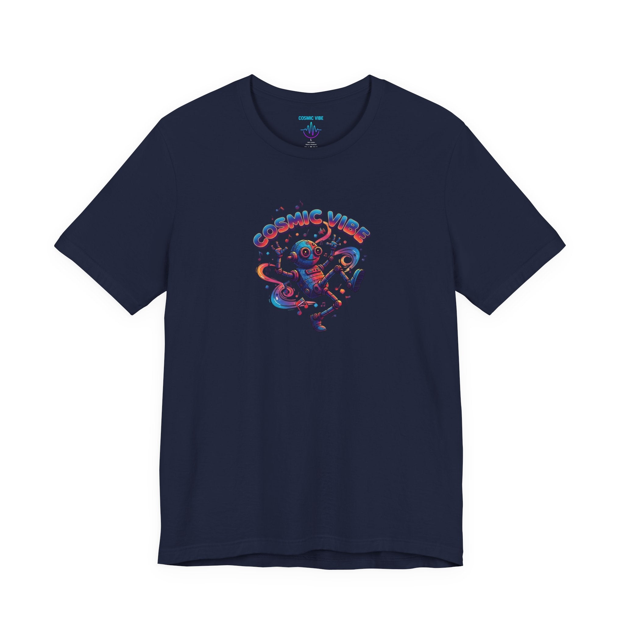 Navy blue t-shirt with colorful graphic design on a white background