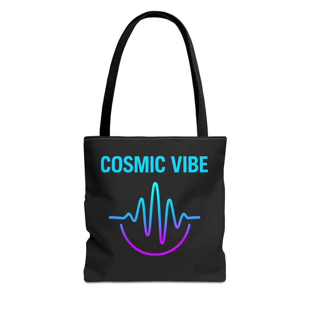 Black tote bag with 'Cosmic Vibe' text and wave design on a white background