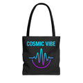 Black tote bag with 'Cosmic Vibe' text and wave design on a white background