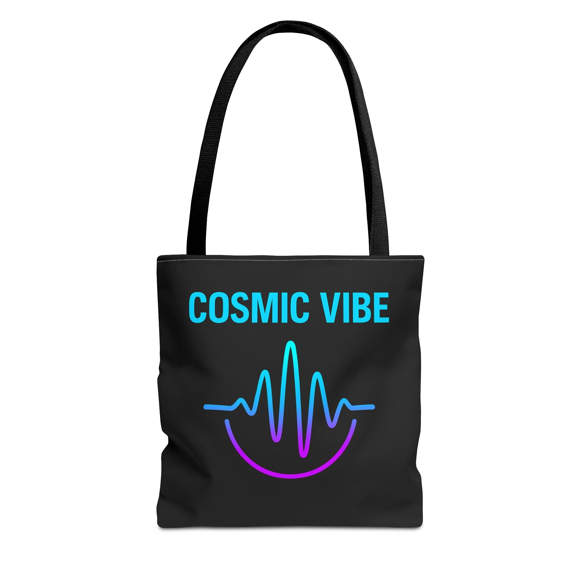 Black tote bag with 'Cosmic Vibe' text and wave design on a white background