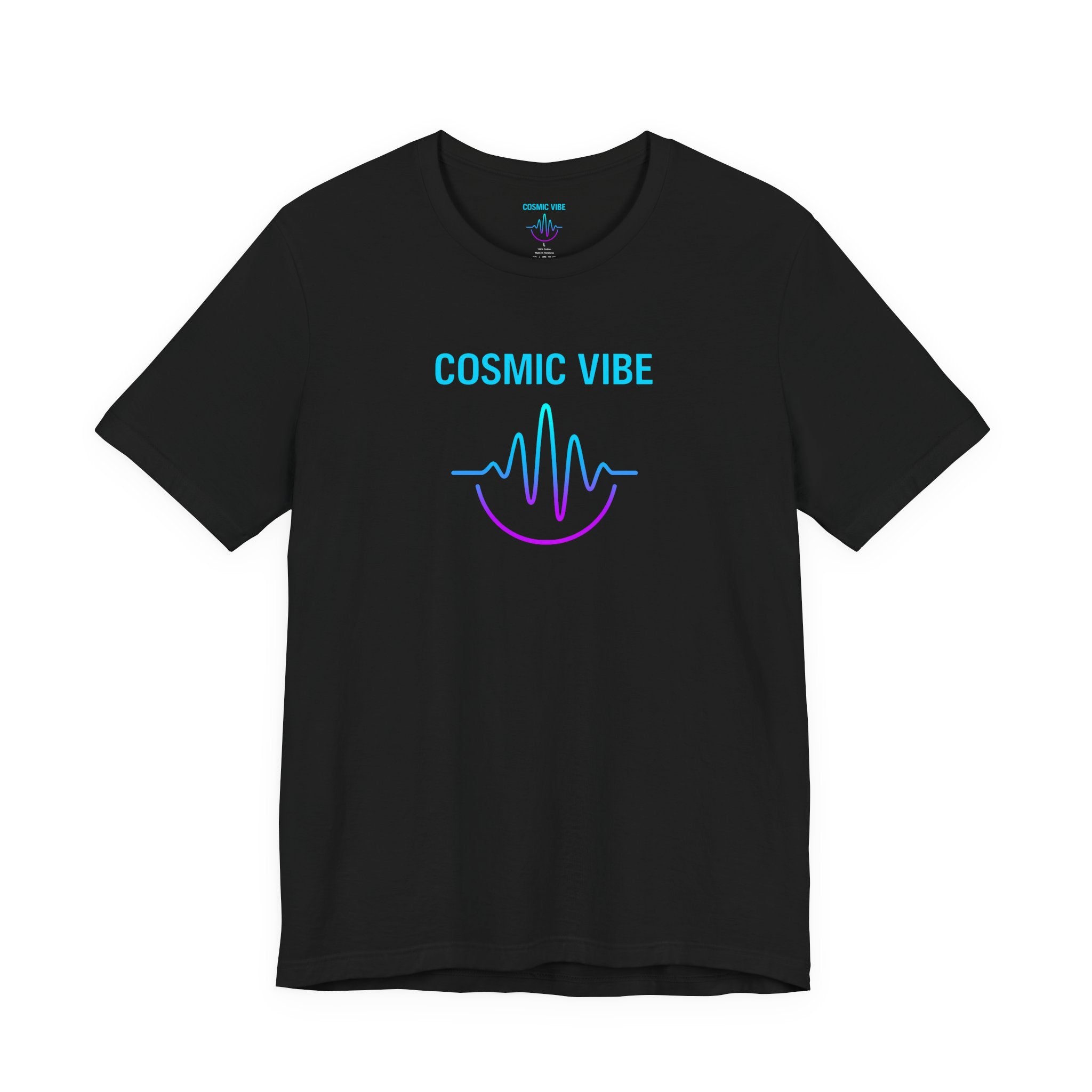 Black t-shirt with 'Cosmic Vibe' text and graphic on a white background
