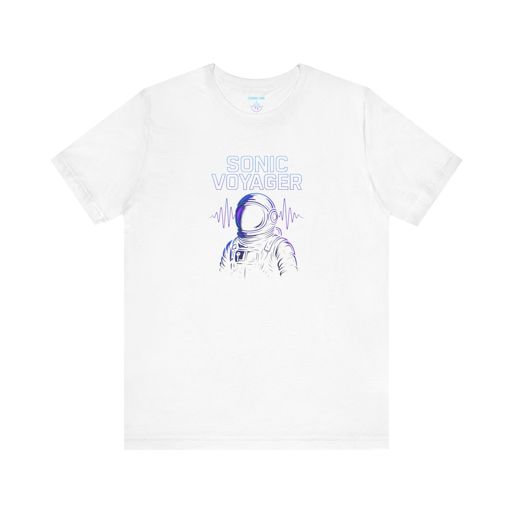 White t-shirt with 'Sonic Voyager' design featuring an astronaut and sound wave on a white background