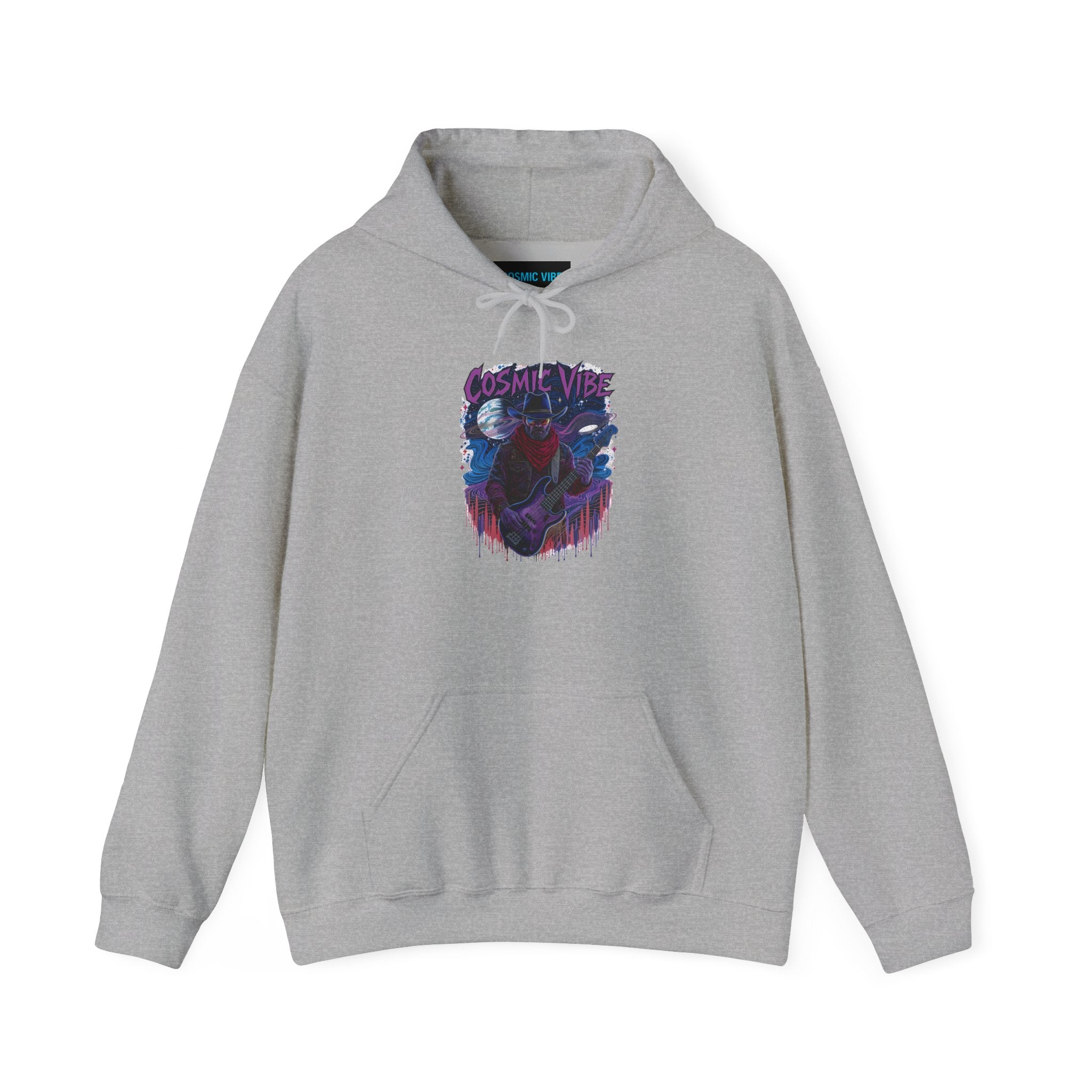 Gray hoodie with a colorful graphic design on a white background