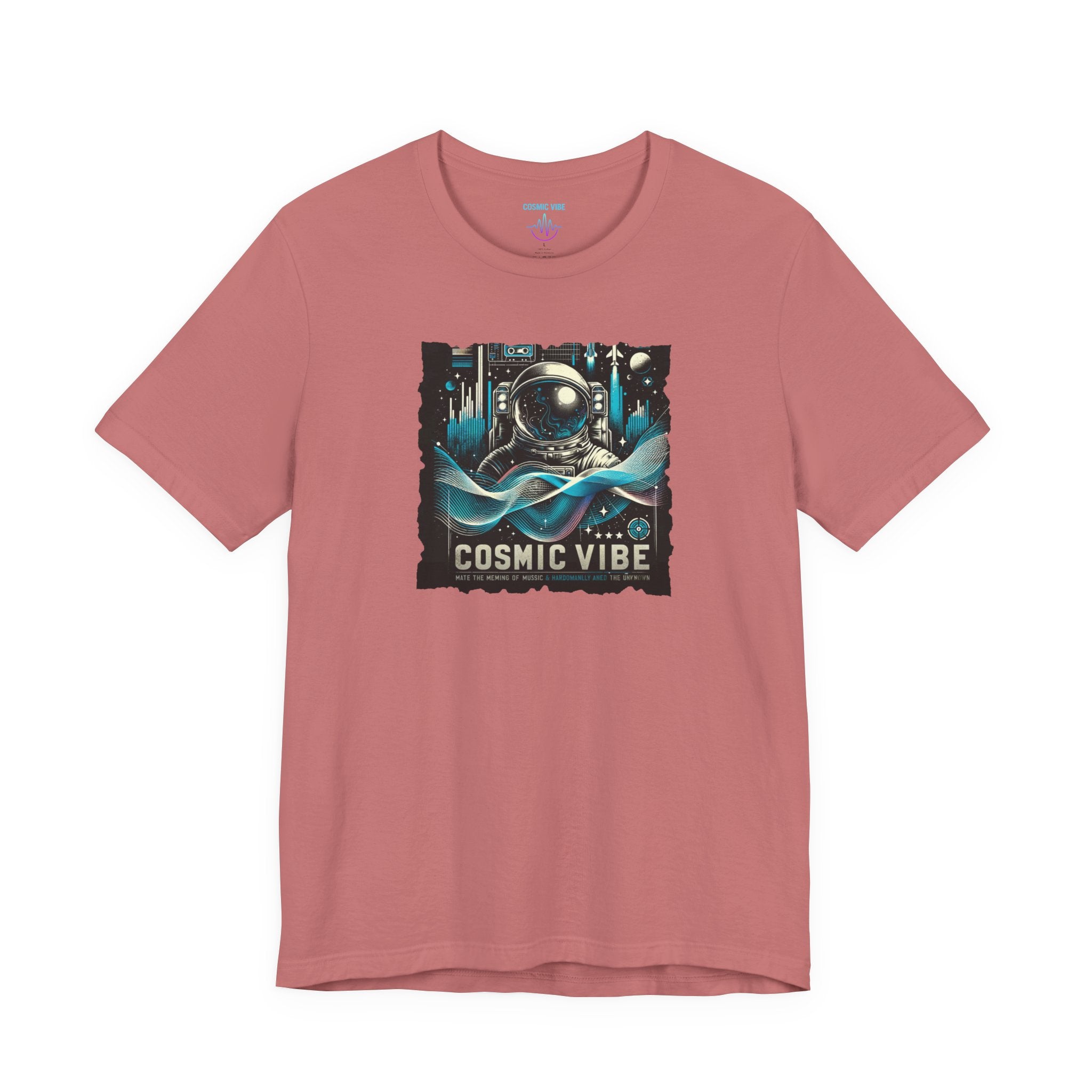 Pink t-shirt with 'Cosmic Vibe' graphic design on a white background