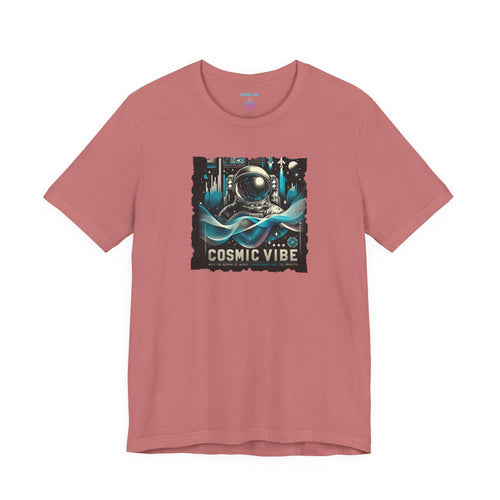 Pink t-shirt with 'Cosmic Vibe' graphic design on a white background