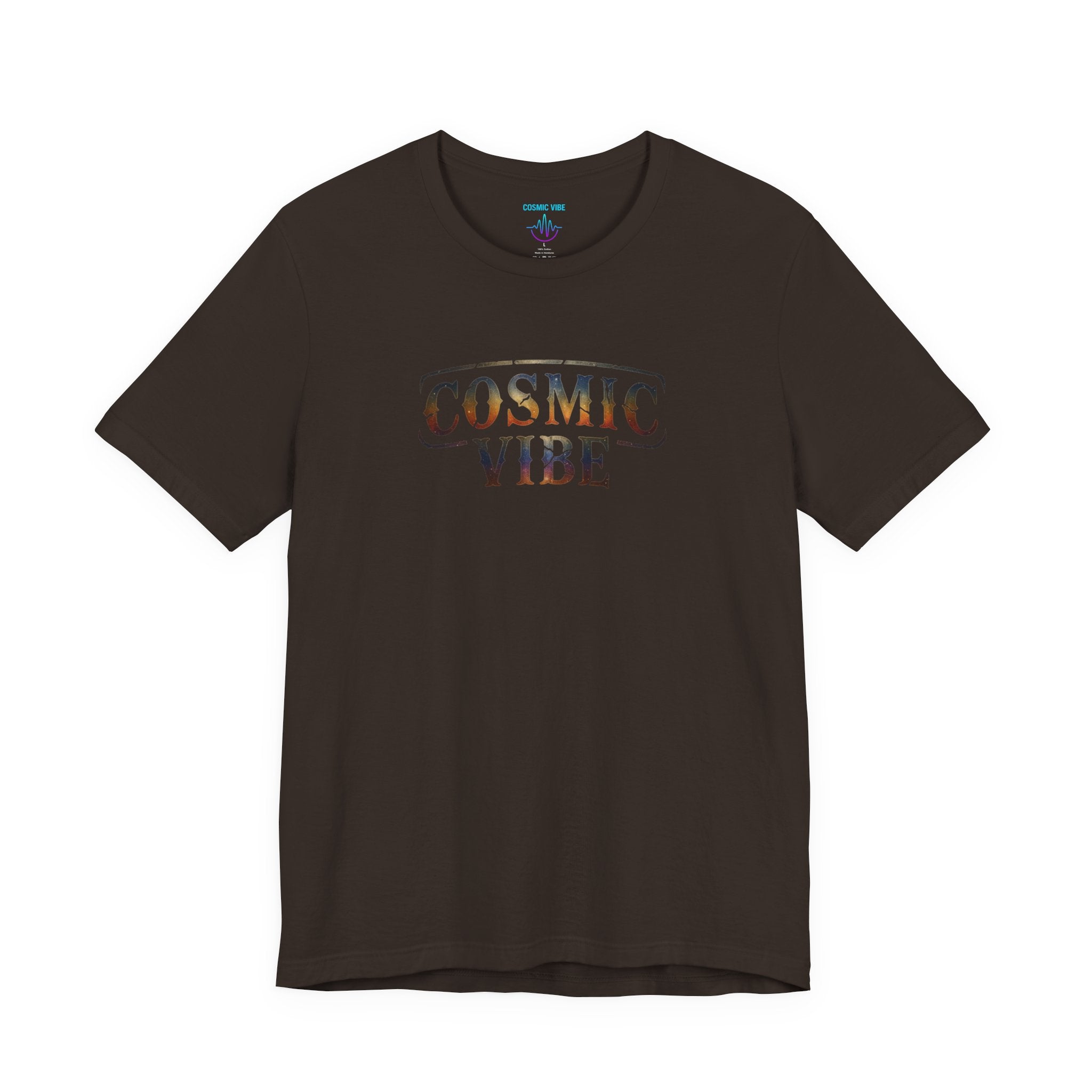 Black t-shirt with 'Cosmic Vibe' text on a white background