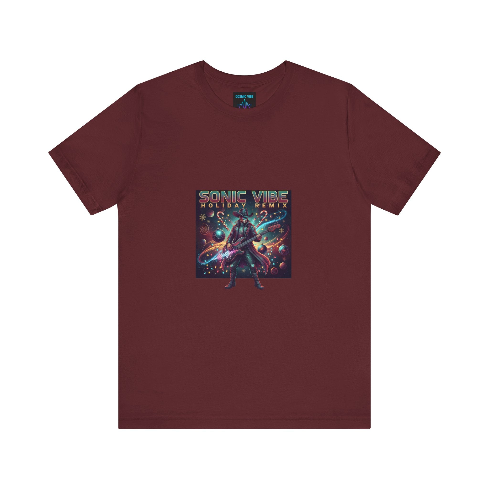 Maroon t-shirt with a graphic design of a cowboy playing bass remix on a white background